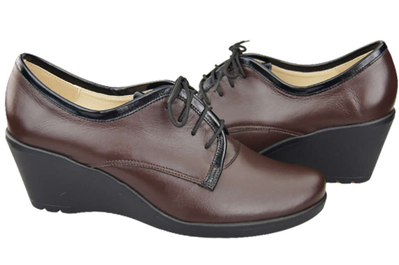 Obuwie Półbuty Damskie Na Koturnie skóra naturalna Czekoladowe 181 ElitaBut