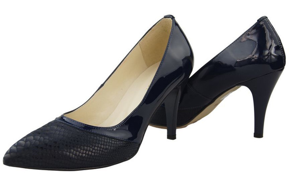 Obuwie Damskie Czółenka motyw łuski Skóra Naturalna Granatowe 951 ElitaBut