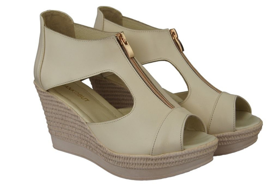 Obuwie Sandały Damskie Koturna skóra naturalna Beżowe 993 ElitaBut