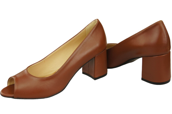 Obuwie Damskie Czółenka PEEP TOE Brązowe Skóra naturalna z Powleczonym Obcasem 192 ElitaBut