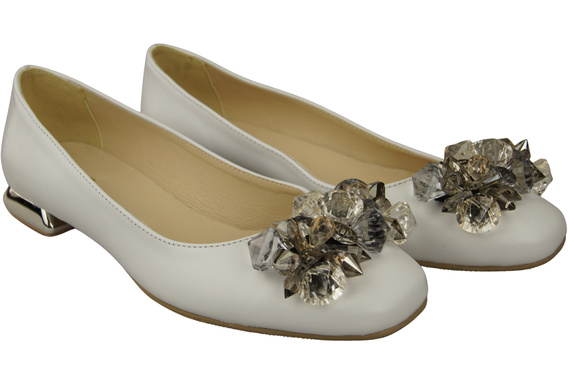 Damskie Czółenka Białe z Kryształkami płaskie Skóra naturalna 216 ElitaBut