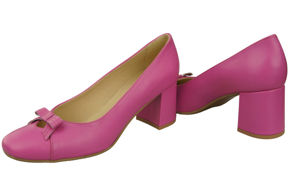 Czółenka Damskie z Kokardką Fuksja Skóra Naturalna i Niski Obcas 203 ElitaBut