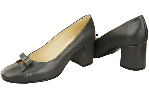 Czółenka Damskie z Kokardką Grafitowe Skóra Naturalna i Niski Obcas 203 ElitaBut