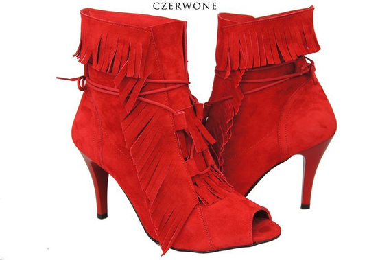 Obuwie Damskie Botki peep toe skóra naturalna zamszowa Czerwone 964 ElitaBut