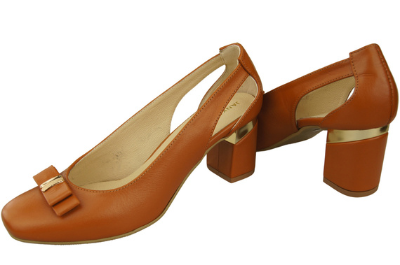 Buty Czółenka Damskie Rude z Naturalnej Skóry z Ozdobnym Obcasem 199 ElitaBut