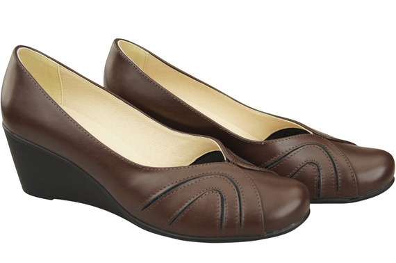 Buty na Koturnie Czekoladowe Czółenka Damskie z Naturalnej Skóry 828 ElitaBut