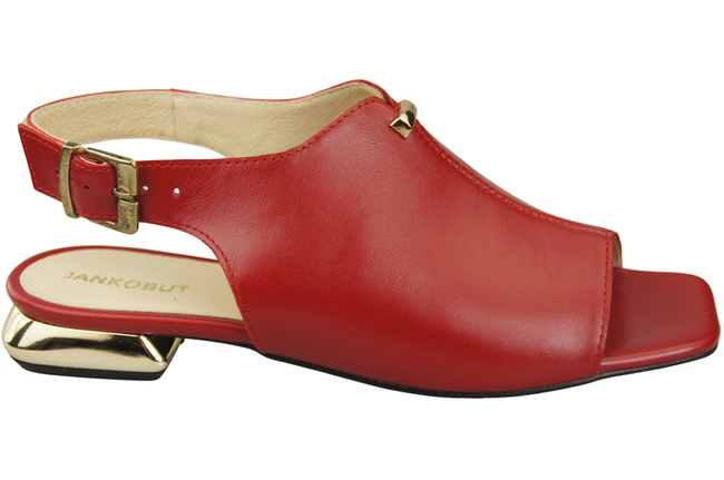 Wygodne Obuwie Damskie Sandały Czerwone Płaski Złoty Obcas Skóra naturalna 207 ElitaBut