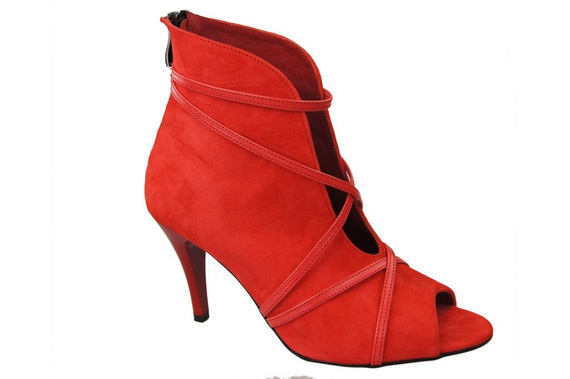 Obuwie Botki Damskie Peep Toe Skóra Naturalna Zamszowa  Czerwone 107 ElitaBut