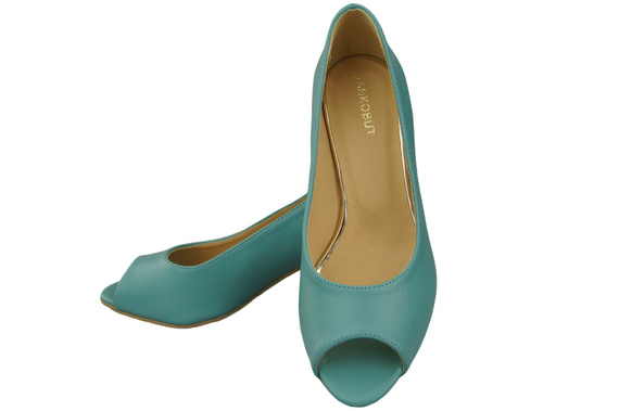 Obuwie Damskie Czółenka PEEP TOE Turkusowe Skóra naturalna z Powleczonym Obcasem 192 ElitaBut