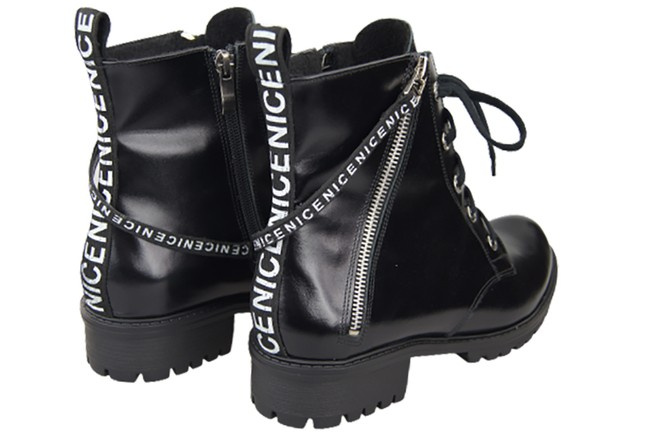 Obuwie Botki Trzewiki Czarne Błyszczące Damskie z napisem NICE Skóra Naturalna 173 Z ElitaBut