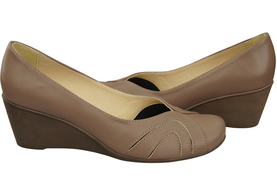 Buty na Koturnie Cappuccino Ciemne Czółenka Damskie z Naturalnej Skóry 828 ElitaBut