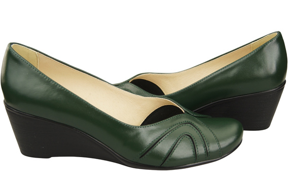 Buty na Koturnie Szmaragdowa Zieleń Czółenka Damskie z Naturalnej Skóry 828 ElitaBut