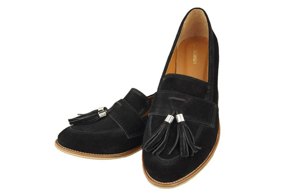 Obuwie Mokasyny Damskie Skóra Naturalna Welurowa Czarne 134 ElitaBut