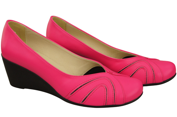 Buty na Koturnie Neonowy Róż Czółenka Damskie z Naturalnej Skóry 828 ElitaBut