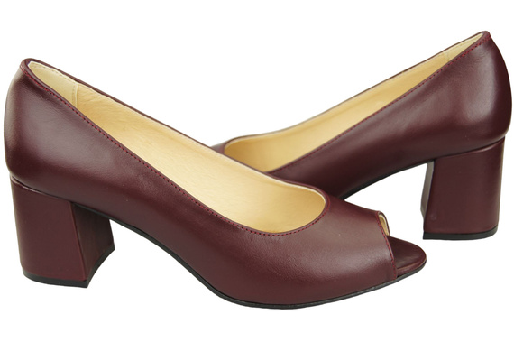 Obuwie Damskie Czółenka PEEP TOE Bordowe Skóra naturalna z Powleczonym Obcasem 192 ElitaBut