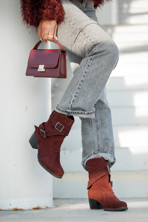 Obuwie Botki Damskie Skóra Naturalna Welurowa Bordo 119 ElitaBut