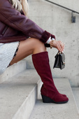 Obuwie Kozaki Damskie Koturna Bordowe skóra naturalna welurowa 745 ElitaBut