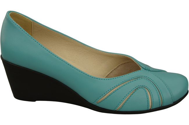 Buty na Koturnie Turkusowe Czółenka Damskie z Naturalnej Skóry 828 ElitaBut