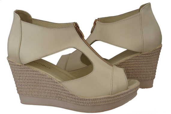 Obuwie Sandały Damskie Koturna skóra naturalna Beżowe 993 ElitaBut