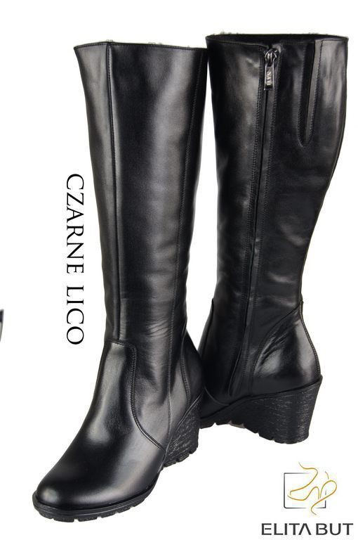 Obuwie Kozaki Damskie Koturna skóra naturalna Czarne 745 ElitaBut