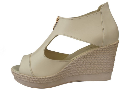 Obuwie Sandały Damskie Koturna skóra naturalna Beżowe 993 ElitaBut