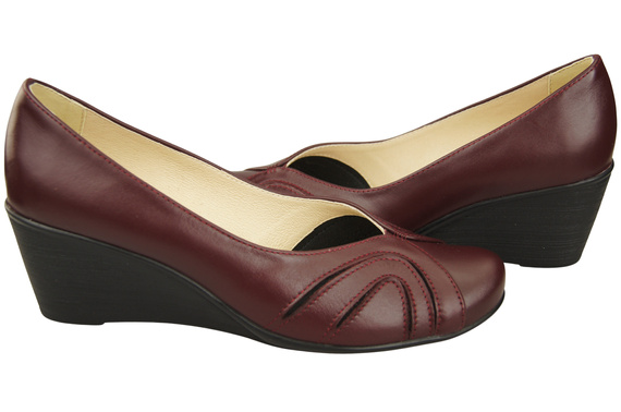 Buty na Koturnie Bordowe Czółenka Damskie z Naturalnej Skóry 828 ElitaBut