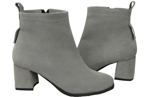 Botki Damskie Popielate ze Skóry Naturalnej Welurowej na Stabilnym Słupku z Zamkiem 224 ElitaBut