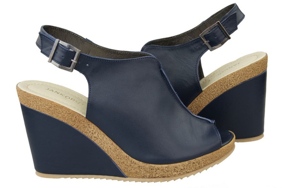 Obuwie Sandały Damskie Koturna skóra naturalna Granatowe 992 ElitaBut