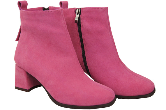 Botki Damskie Fuksja ze Skóry Naturalnej Welurowej na Stabilnym Słupku z Zamkiem 224 ElitaBut