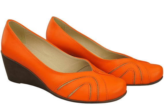 Buty na Koturnie Pomarańczowe Czółenka Damskie z Naturalnej Skóry 828 ElitaBut