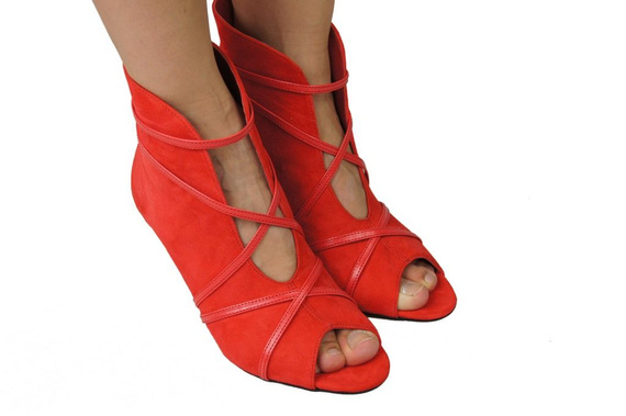 Obuwie Botki Damskie Peep Toe Skóra Naturalna Zamszowa Czerwone 107 ElitaBut