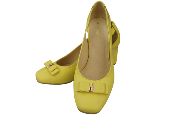 Buty Czółenka Damskie Cytrynowe z Naturalnej Skóry z Ozdobnym Obcasem 199 ElitaBut