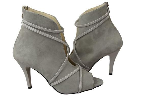 Obuwie Botki Damskie Peep Toe Skóra Naturalna Zamszowa Popielate 107 ElitaBut