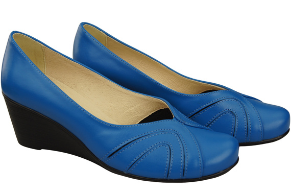 Buty na Koturnie Niebieskie Czółenka Damskie z Naturalnej Skóry 828 ElitaBut