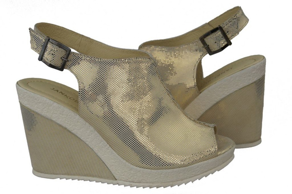 Obuwie Sandały Damskie Koturna skóra naturalna Złote 992 ElitaBut