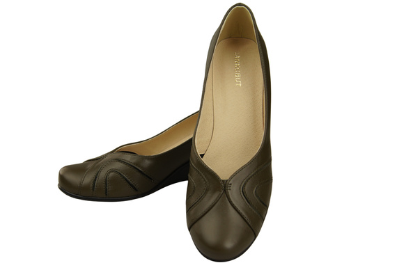 Buty na Koturnie Oliwkowe Czółenka Damskie z Naturalnej Skóry 828 ElitaBut