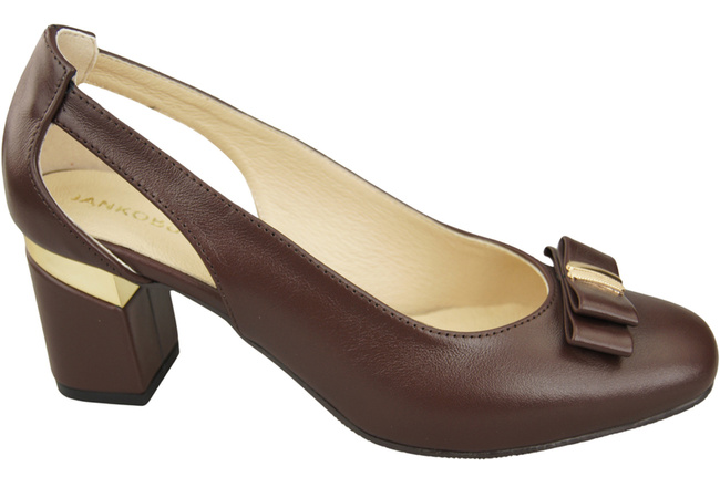 Buty Czółenka Damskie Czekoladowe z Naturalnej Skóry z Ozdobnym Obcasem 199 ElitaBut