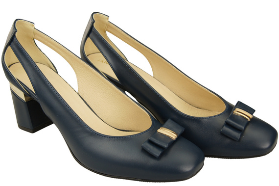 Buty Czółenka Damskie Granatowe z Naturalnej Skóry z Ozdobnym Obcasem 199 ElitaBut