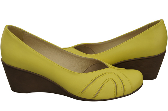 Buty na Koturnie Cytrynowe Czółenka Damskie z Naturalnej Skóry 828 ElitaBut
