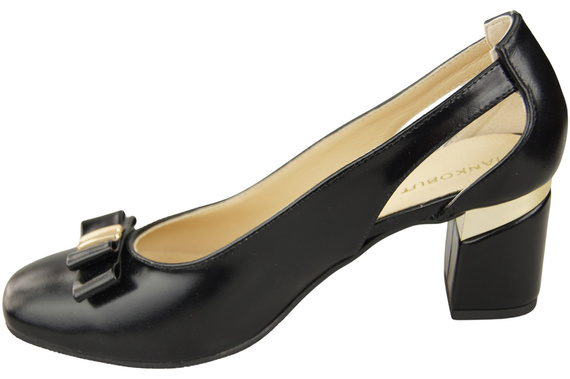 Buty Czółenka Damskie Czarne Błyszczące z Naturalnej Skóry z Ozdobnym Obcasem 199 ElitaBut