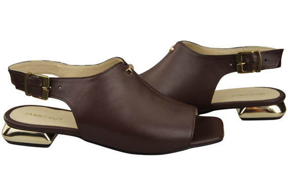 Wygodne Obuwie Damskie Sandały Czekoladowe Płaski Złoty Obcas Skóra naturalna 207 ElitaBut