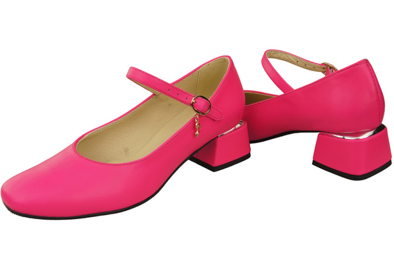 Obuwie Damskie Czółenka z Paskiem Neonowy Róż Skóra naturalna 202 ElitaBut