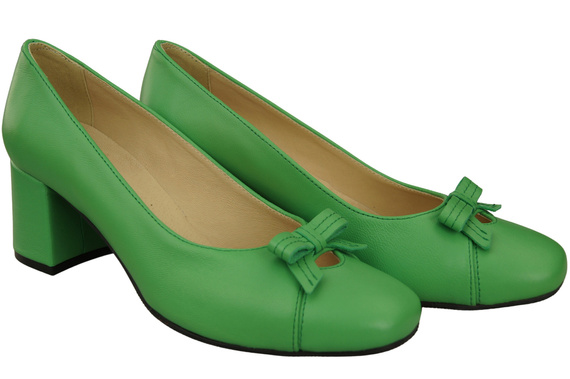 Czółenka Damskie z Kokardką Limonkowe Skóra Naturalna i Niski Obcas 203 ElitaBut