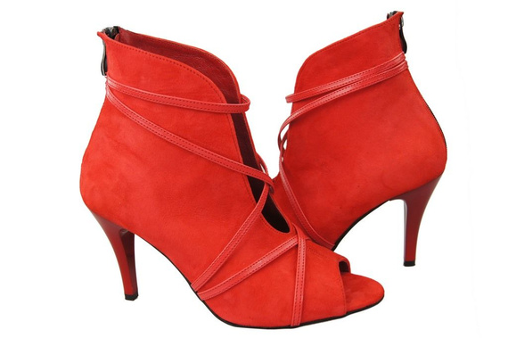 Obuwie Botki Damskie Peep Toe Skóra Naturalna Zamszowa Czerwone 107 ElitaBut