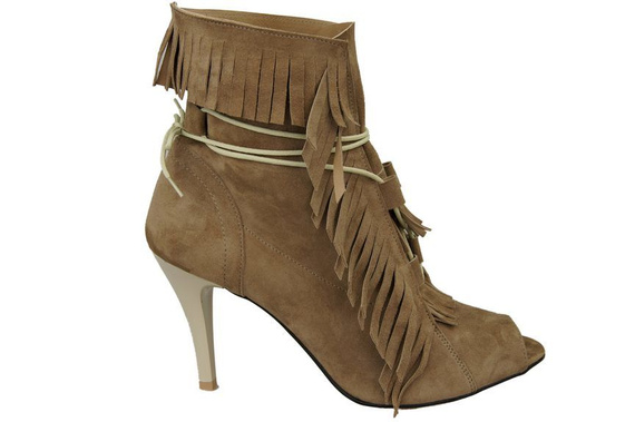 Obuwie Damskie Botki peep toe skóra naturalna zamszowa Cappuccino 964 ElitaBut