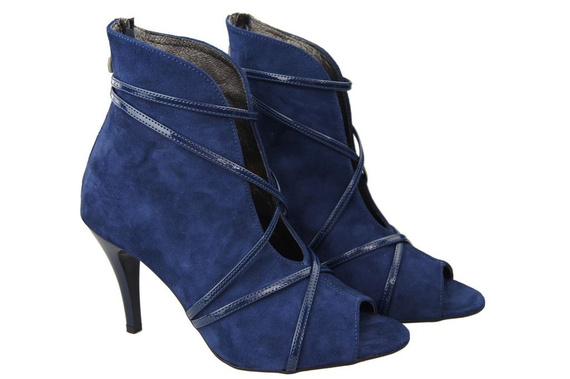 Obuwie Botki Damskie Peep Toe Skóra Naturalna Zamszowa Granatowe 107 ElitaBut