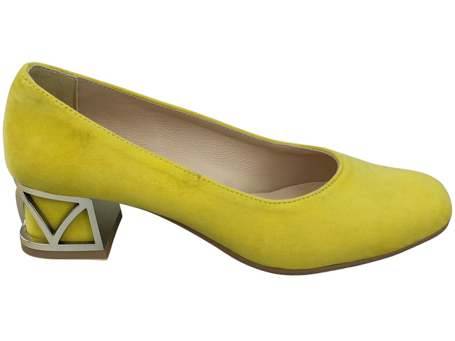 Wygodne Obuwie Damskie Czółenka Cytrynowe z Ozdobnym Obcasem  Skóra naturalna Zamszowej 219 Z  ElitaBut