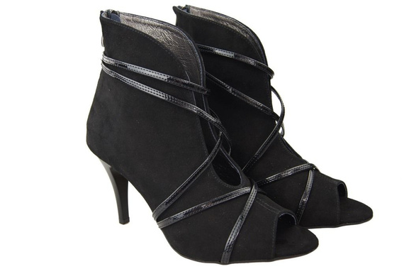 Obuwie Botki Damskie Peep Toe Skóra Naturalna Zamszowa Czarne 107 ElitaBut