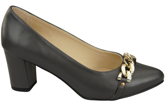 Klasyczne Buty Czółenka Damskie Grafitowe z Naturalnej Skóry z Złotym Ozdobnym Łańcuchem 200 ElitaBut