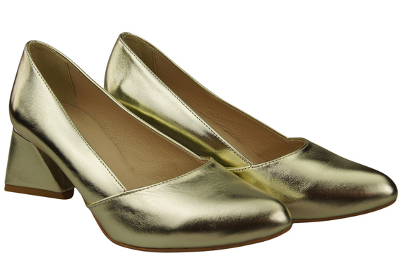 Czółenka Damskie Złote Skóra Naturalna Spiczasty Nosek Obcas ElitaBut 221